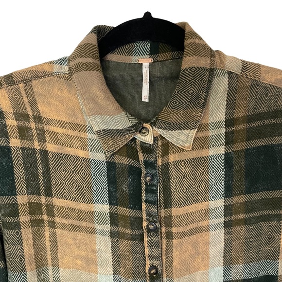 Free People Brown Plaid Flannel Button Up Pockets Long Blouse XS - Picture 2 of 6